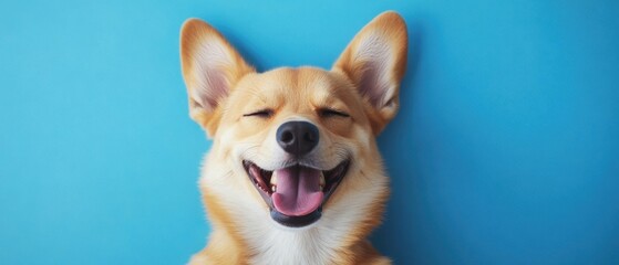 Blissful corgi dreams on azure backdrop capturing pure canine joy in a close up shot with soft lighting and a modern aesthetic