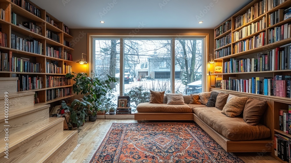 Poster cozy library lounge with large window and built-in bookshelves