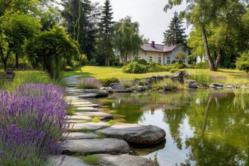 Fototapeta premium Walking Path Leading to House Near Serene Pond and Lavender Flowers