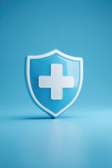 Obraz premium Shield Icon with Medical Cross on Blue for Health Insurance Ad
