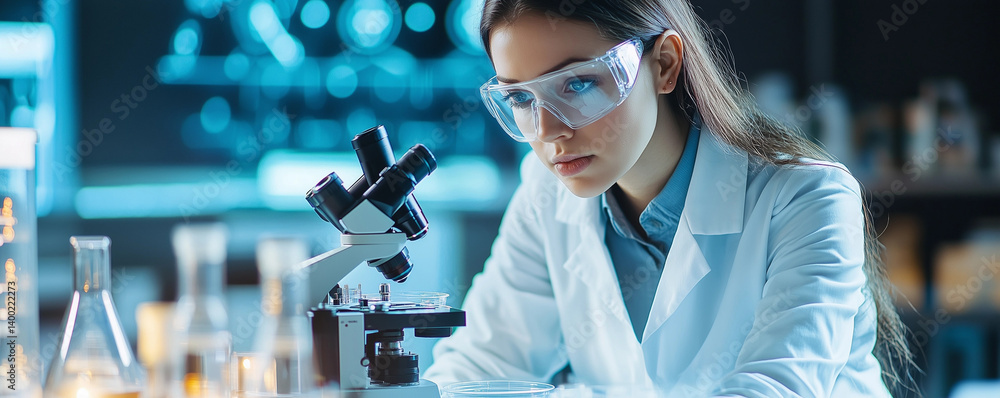 Poster female scientist conducts laboratory research using a microscope in a modern lab setting focused on 
