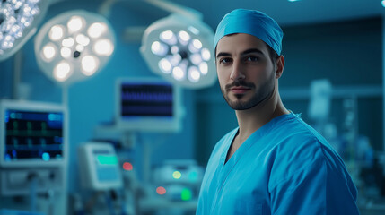 Male surgeon in blue scrubs stands confidently in a modern operating room ready for the next procedure