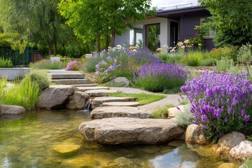 Walking Path Across Pond with Lavender Garden in Modern Landscaping