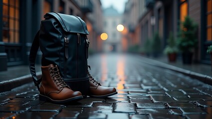 Obraz premium Stylish brown leather boots and a black backpack on a cobblestone street in a misty urban setting.