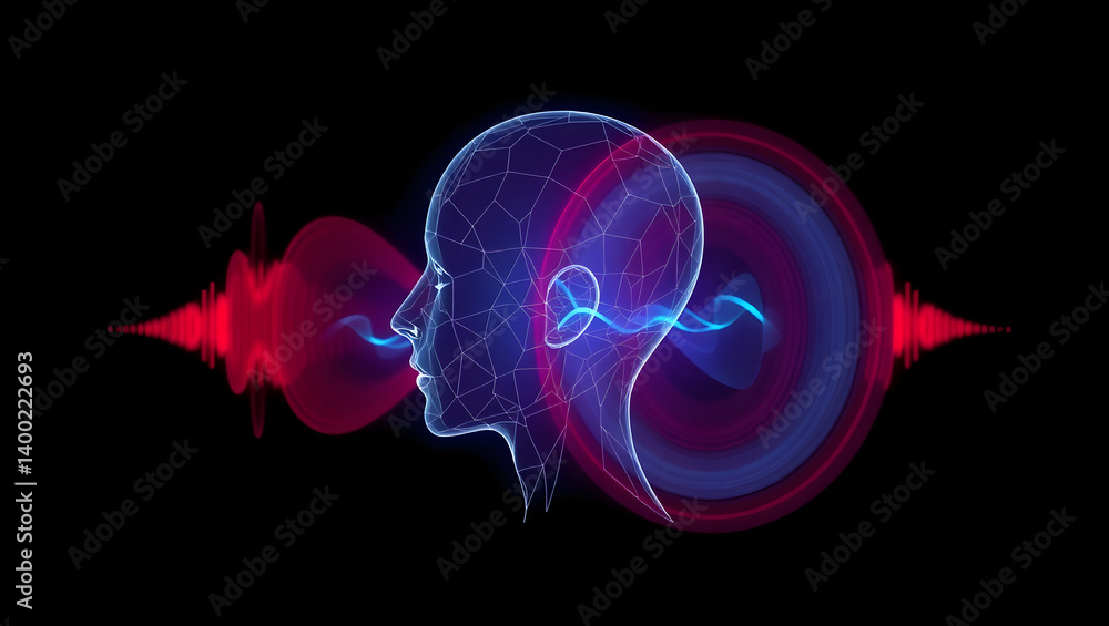 Poster futuristic wireframe human head sound waves and neural network visualization