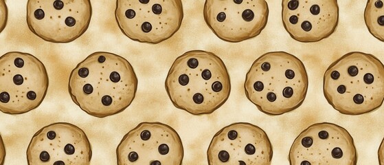Obraz premium Artistic Chocolate Chip Cookie Pattern on Beige Background Capturing Sweetness and Culinary Delight in Detailed Illustration Style