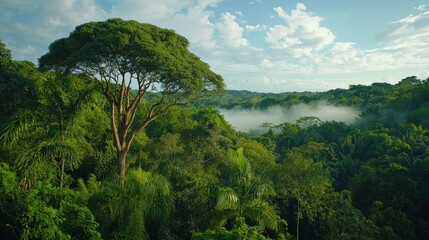Fototapeta premium Dense green treetops covered in mystical morning fog, capturing the enchanting beauty of the forest at sunrise.