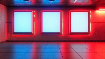 Empty display windows, neon lighting, modern interior
