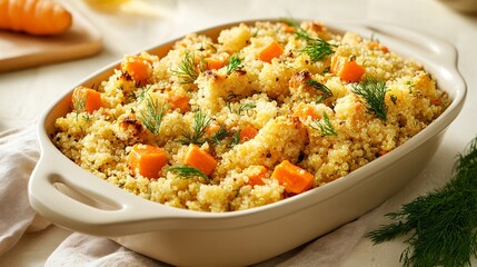 Stuffing made with quinoa, roasted carrots, and fresh dill, placed in a stoneware dish on a neutral background