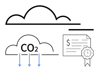 Cloud outline with CO label and downward arrows indicating emissions, alongside a financial certificate with a ribbon seal. Ideal for environmental impact, climate change, air pollution