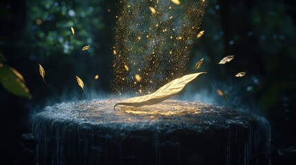 A yellow leaf drifts from the sky, landing gently on a table surface.