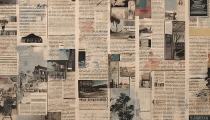 Echoes of History: A meticulously arranged tapestry of vintage newspaper clippings, whispers tales of yesteryear, evoking nostalgia. This layered artwork tells a story of time. 