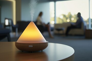 Modern aroma diffuser emitting fragrant vapor in a waiting room, copy space