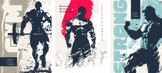 Grunge-style poster dedicated bodybuilding and sports. Gym man in an abstract style. Vector templates for postcards, posters, flyers, banners and other materials.