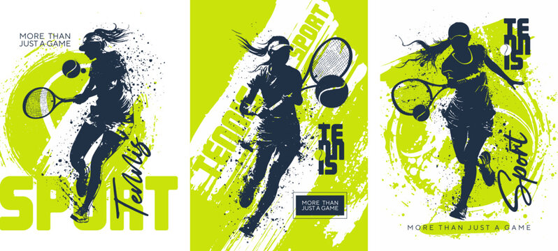 Grunge-style poster dedicated to tennis and sports. Tennis player with a tennis ball in an abstract style. Vector templates for postcards, posters, flyers, banners and other materials.