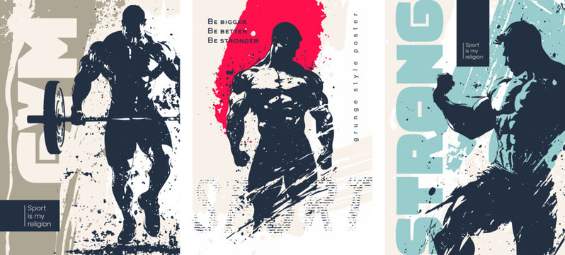 Grunge-style poster dedicated bodybuilding and sports. Gym man in an abstract style. Vector templates for postcards, posters, flyers, banners and other materials.