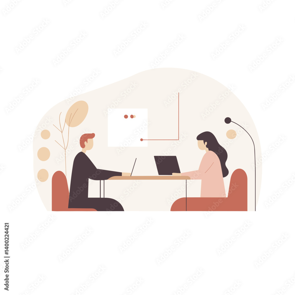 Poster vector illustration of two professionals collaborating at a table with laptops in a modern office se