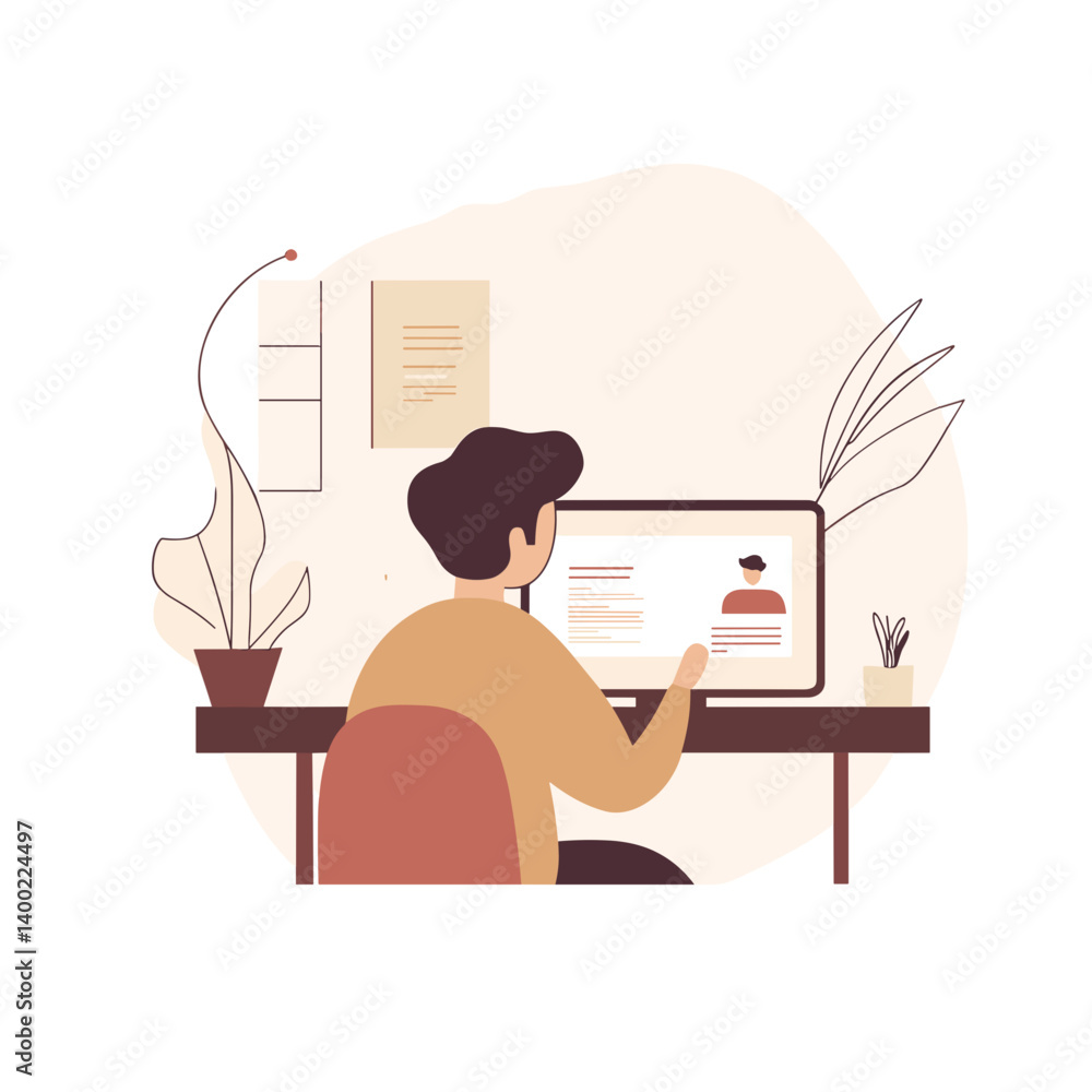 Poster vector illustration of a professional video calling on a computer in a modern workspace with plants