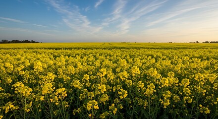 Fototapeta premium Golden Hour Rapeseed Field: Serene Sunset Landscape AI Generated