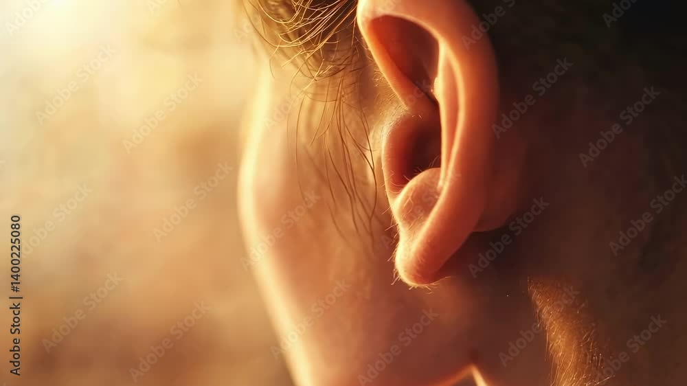 Poster close up of a child's ear, emphasizing the sense of hearing and the process of sound perception, pot