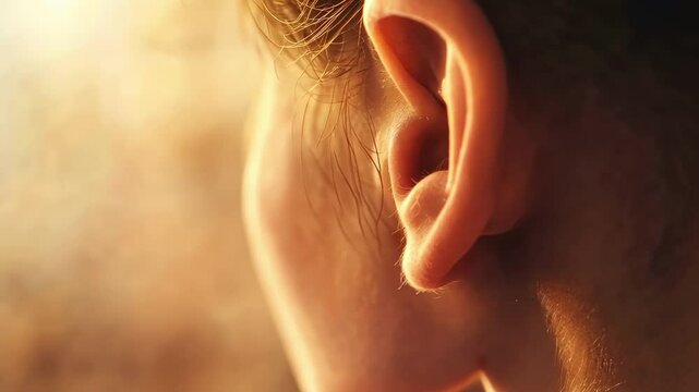 Close up of a child's ear, emphasizing the sense of hearing and the process of sound perception, potentially highlighting the importance of healthy hearing or addressing hearing problems