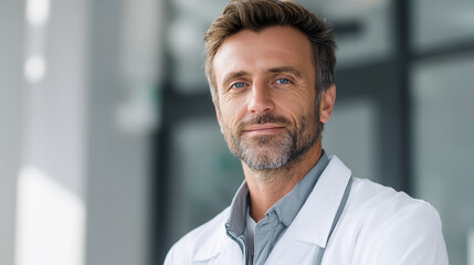 Fototapeta premium Close-up portrait of a middle-aged man with graying hair, wearing a white lab coat, conveying professionalism and expertise in healthcare