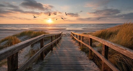 Obraz premium Walking on Wooden Path to Sandy Beach at Sunset with Birds Flying