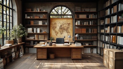 Serene Study: A Luxurious Home Office with Vintage Charm