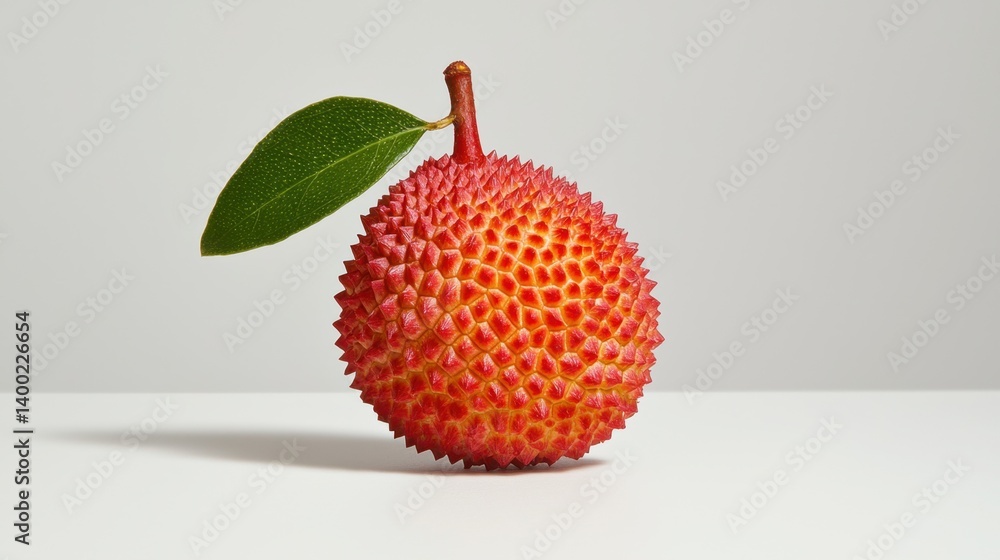 Poster minimalist image of a whole lychee, its vibrant red shell contrasting against a white background.