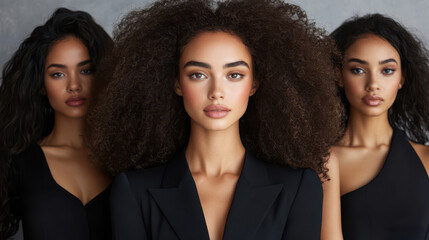 Fototapeta premium Three women with long hair pose confidently against a gray wall backdrop.