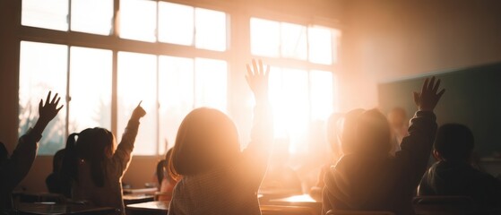 Bright Classroom with Students Raising Hands and Sunlight Streaming Through Windows
