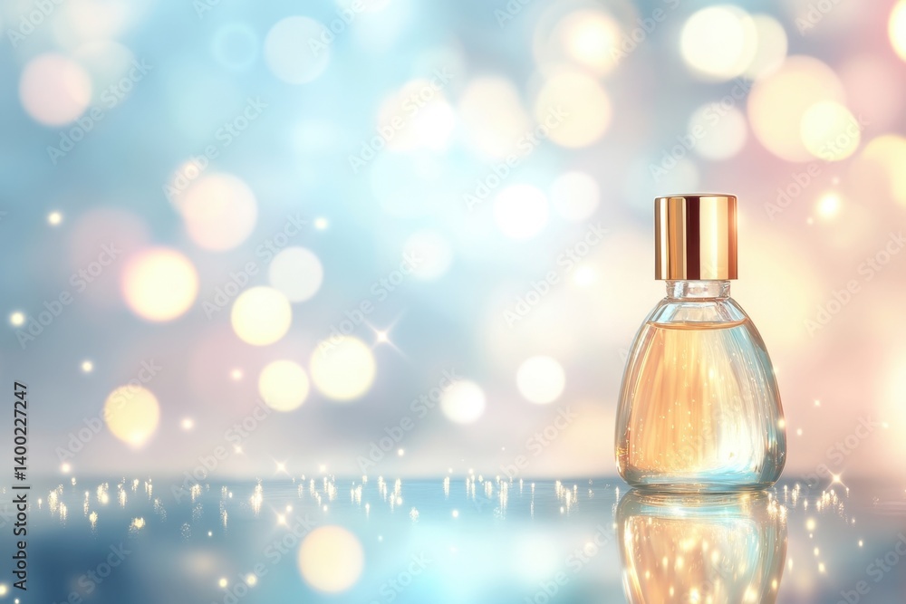 Poster elegant perfume bottle on reflective surface with bokeh lights creating a magical ethereal atmospher
