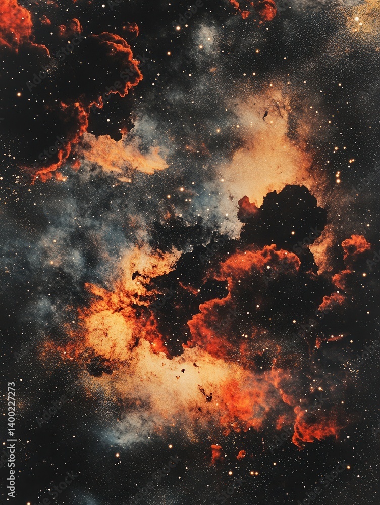 Poster captivating cosmic nebula with fiery orange hues and celestial stars creating a mesmerizing galaxy b