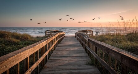 Obraz premium Walking on Boardwalk Toward Ocean at Sunset with Birds Flying Above