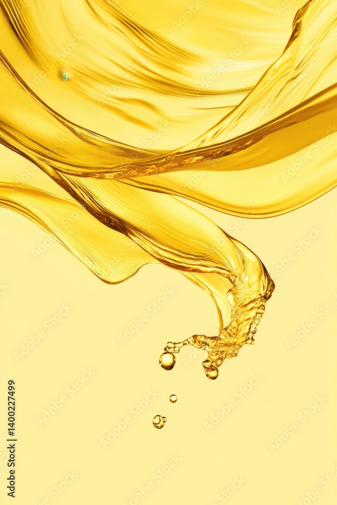 Poster golden liquid wave flowing with graceful motion against a soft yellow backdrop creating a sense of f