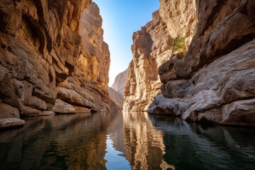 Canyon River Landscape with Reflected Light on Calm Water Surface