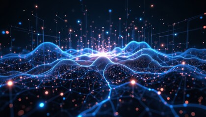 Futuristic digital landscape with glowing blue and orange lights represents data flow and connectivity. Network. Technology, artificial intelligence, big data. Tech industries, digital communication.