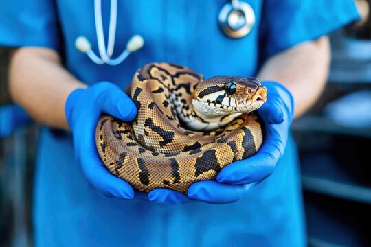 Vet examining a python exotic pet in his hands for health check-up