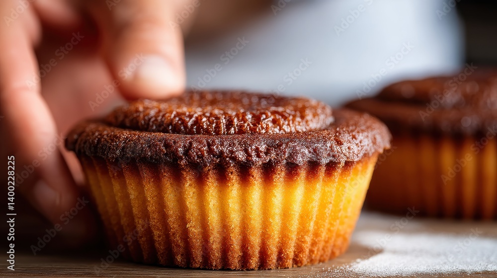 Poster chocolate chip muffin placed in focus while another is held by baker hand showing texture moistness 