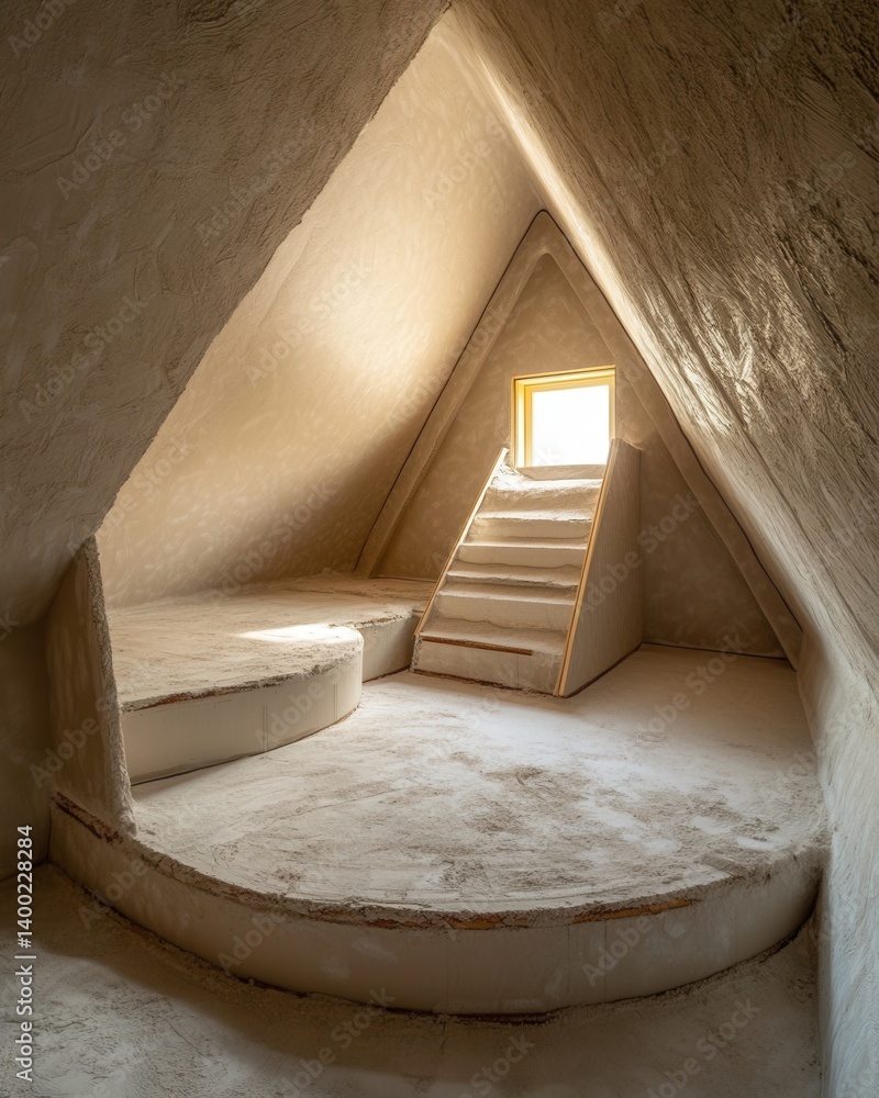 Poster Unique Interior Design of an Attic Room with Triangular Ceiling and Stairs to a Bright Window Light