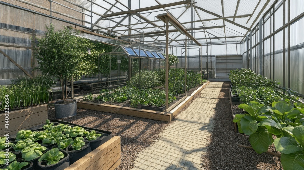 Poster botanical learning space with greenhouse structure and solar-powered irrigation system