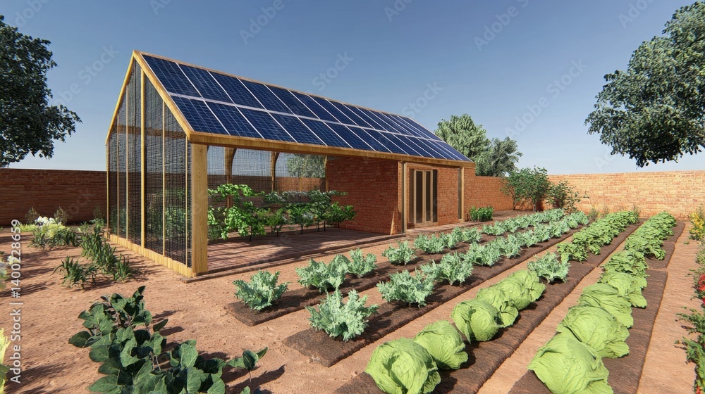 Poster botanical learning space with greenhouse structure and solar-powered irrigation system