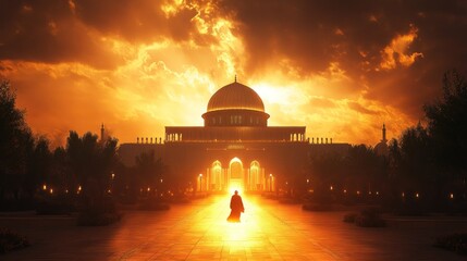 Obraz premium Silhouette pilgrim approaches Dome of Rock at golden sunrise