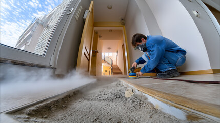 Worker Sanding Floor in Dusty Hallway