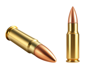 Realistic Golden Brass Ammunition Bullets with Copper Tips Military Grade Cartridge Weapon Ammunition Isolated on Transparent and White Background