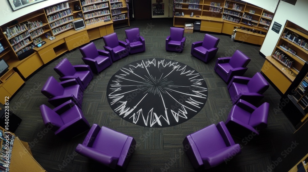Poster central hub in school library with seating arranged in a circle, surrounded by multimedia tools