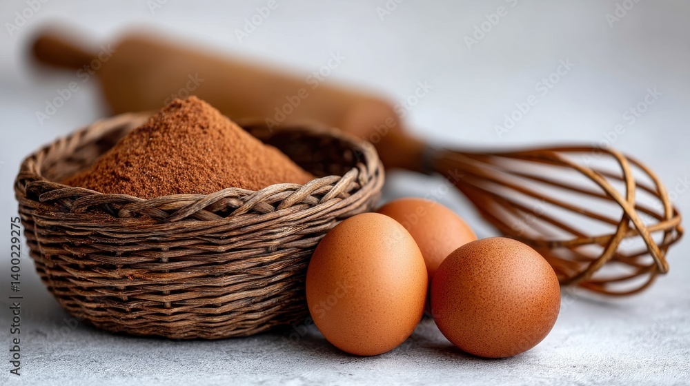 Poster natural baking ingredients including cocoa flour and eggs placed in rustic wicker basket with wooden