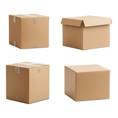 Four cardboard boxes in various orientations, showcasing different styles and flaps, all made from brown corrugated material.