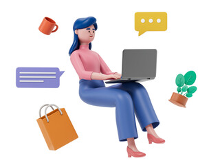 A woman sits with a laptop, surrounded by floating icons, symbolizing multitasking and digital lifestyle. 3D rendering, conceptual image. Isolated on white background.