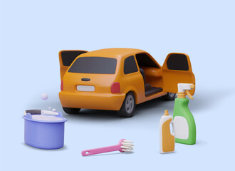 3D car with open door, brush, plastic bottles with detergents, bucket with soapy foam. Car hand wash concept. Cleaning interior and surfaces of vehicle